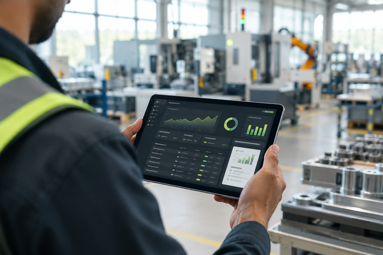 A factory supervisor checking a live operations dashboard on a tablet